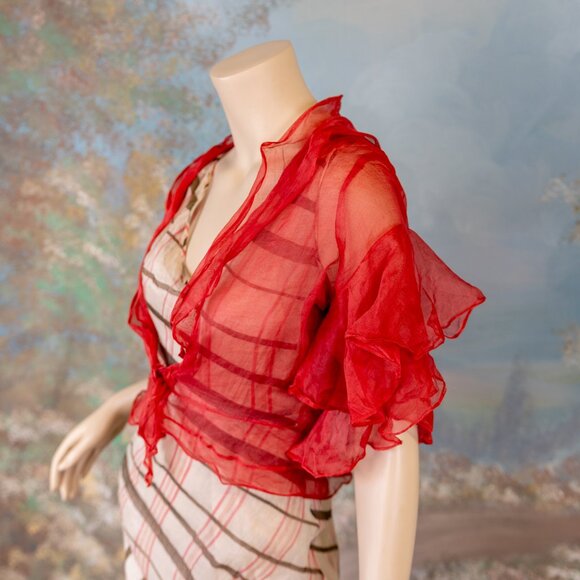 SOLD * 1930s Bias-Cut Plaid Maxi Dress w/Red Sheer Ruffle Overlay Set - Picture 6 of 17
